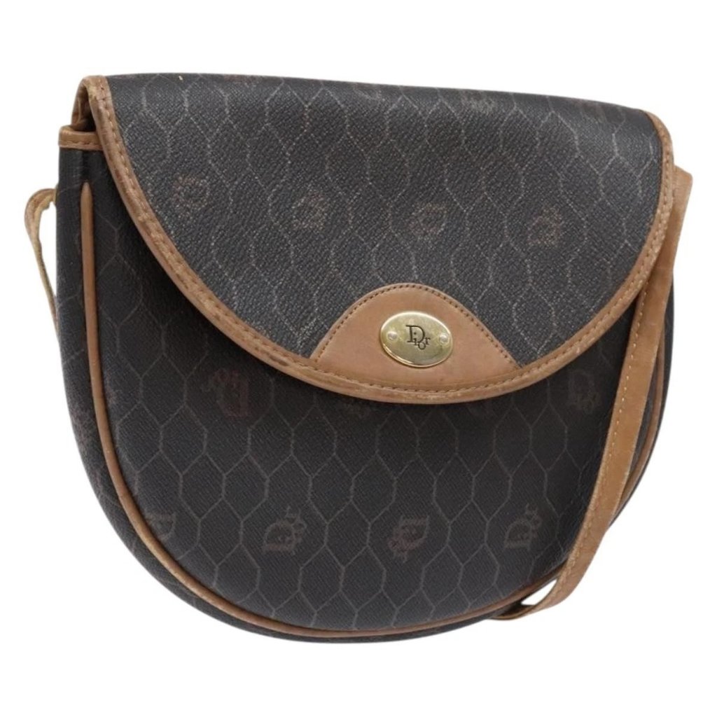 Christian Dior Honeycomb Canvas Shoulder Bag Pvc Black Gold Auth Ba4962